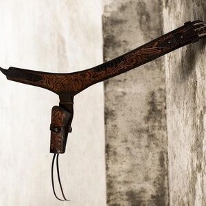 TJayz 44/45 Caliber Left Draw Tooled Leather Drop Loop Rig Gun Holster Mexico